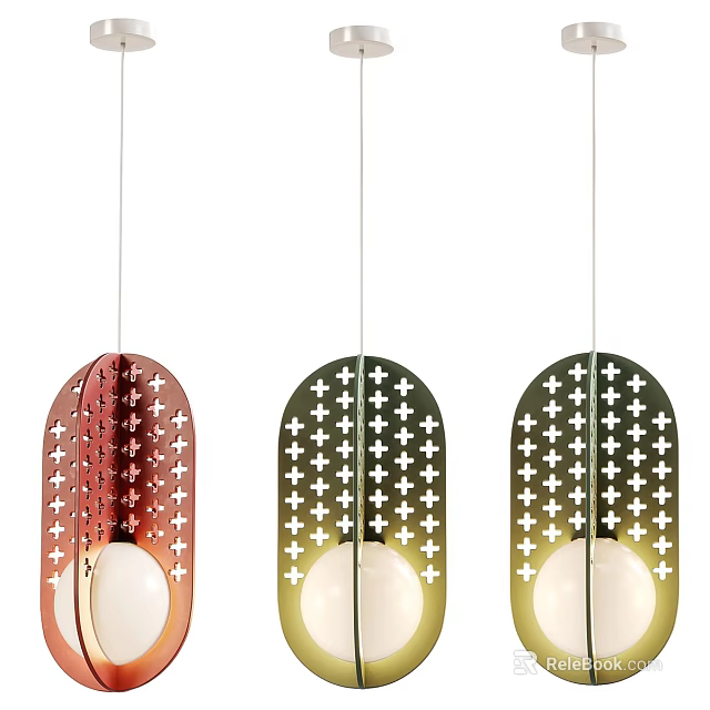 Modern Colorful Pendant Lights With Hollow Cross Patterns Oval Red Green Gold And White Bulbs 3d model 