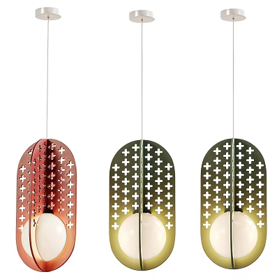 Modern Colorful Pendant Lights With Hollow Cross Patterns Oval Red Green Gold And White Bulbs 3d model