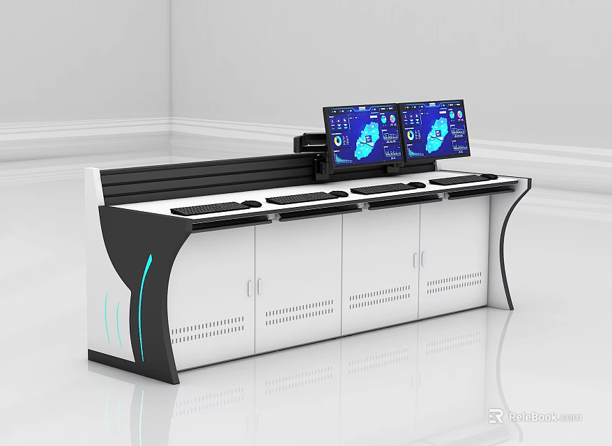 Modern Office Desk with Dual Monitors Keyboard and Cabinets Contemporary Design 3d model 