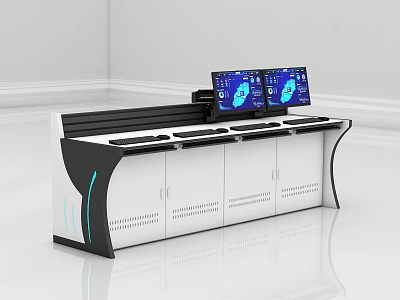 Modern Office Desk with Dual Monitors Keyboard and Cabinets Contemporary Design 3d model