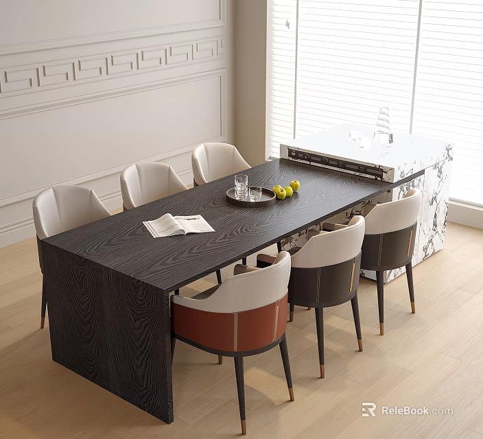 Black Wooden Dining Table With Six Mixed Color Chairs In White Wall Room 3d model 