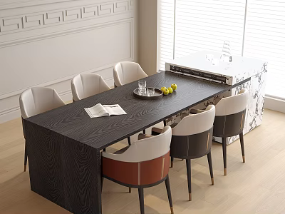 Black Wooden Dining Table With Six Mixed Color Chairs In White Wall Room 3d model