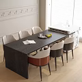 Black Wooden Dining Table With Six Mixed Color Chairs In White Wall Room