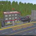 Modern Fire Station Surrounded by Green Trees With National Flag Watchtower and Vehicles on Road