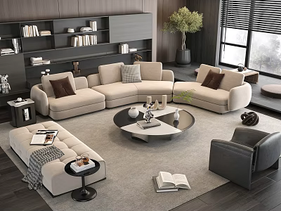Modern Beige L shaped Sofa and Coffee Table Set with Cushions Decorative Items Bookshelves and Plant 3d model