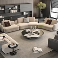 Modern Beige L shaped Sofa and Coffee Table Set with Cushions Decorative Items Bookshelves and Plant