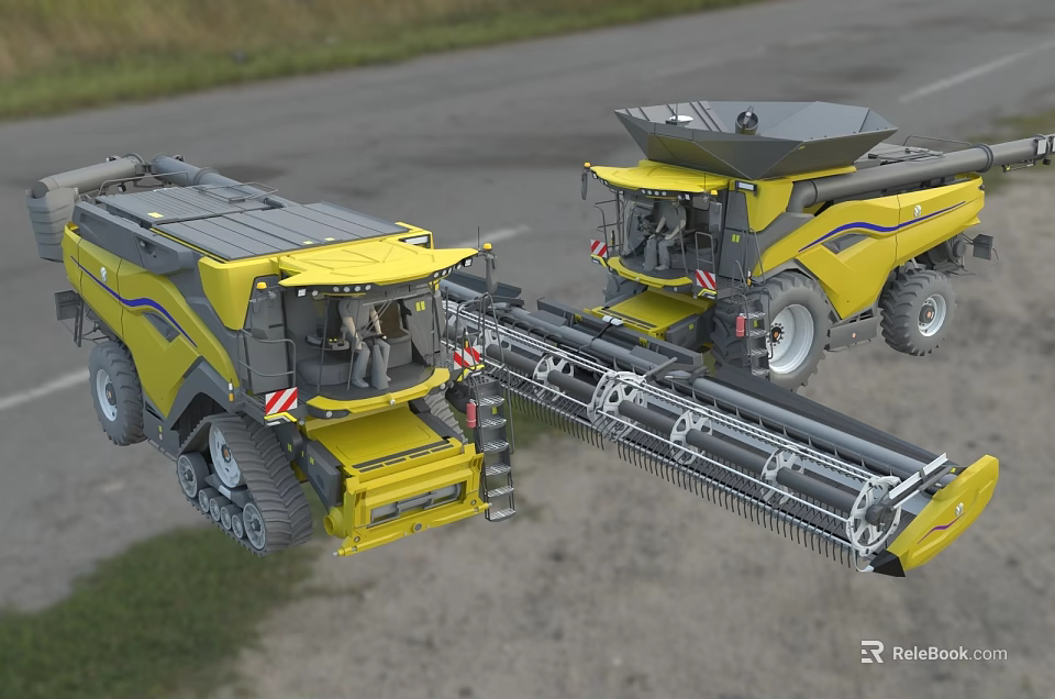 Modern Yellow Combine Harvesters With Large Header For Efficient Crop Harvesting 3d model