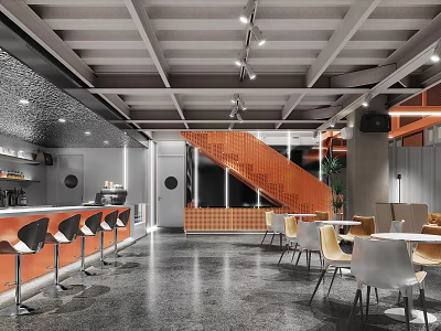 Modern Café Interior With Exposed Ceiling Beams Wooden Staircase Bar Counter And Dining Tables 3d model