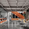 Modern Café Interior With Exposed Ceiling Beams Wooden Staircase Bar Counter And Dining Tables