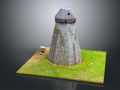 Conical Stone Tower Standing In Green Grass Field With Small Door And Windows 3d model