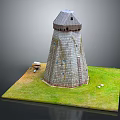 Conical Stone Tower Standing In Green Grass Field With Small Door And Windows