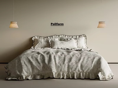 Double Bed With Linen Ruffled Bedding Multiple Pillows And Hanging Pendant Lights 3d model