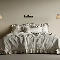 Double Bed With Linen Ruffled Bedding Multiple Pillows And Hanging Pendant Lights 3d model