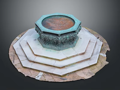 Octagonal Copper Fountain Basin With Multi Tiered Stone Pedestal And Carved Details 3d model