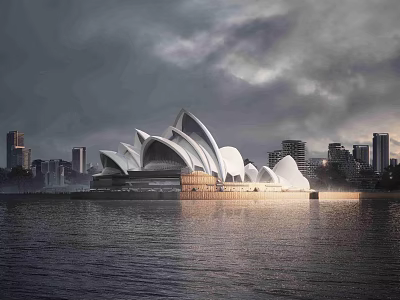 Iconic Cultural Center Building With Shell Shaped Roof Waterfront Location And Urban Skyline 3d model