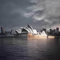 Iconic Cultural Center Building With Shell Shaped Roof Waterfront Location And Urban Skyline