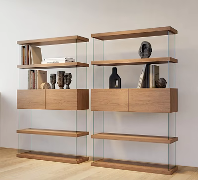 Stylish Modern Wooden Bookcase With Glass Shelves Cabinet Doors And Decorative Pieces 3d model