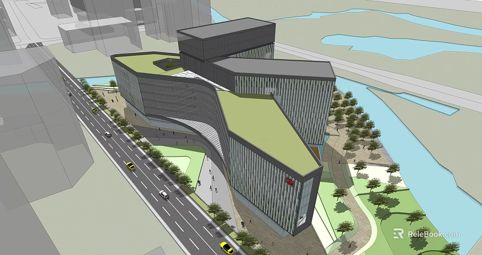 Modern Office Building Complex With Green Roof Glass Facade And Urban Landscape 3d model 