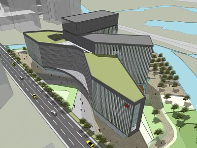 Modern Office Building Complex With Green Roof Glass Facade And Urban Landscape 3d model