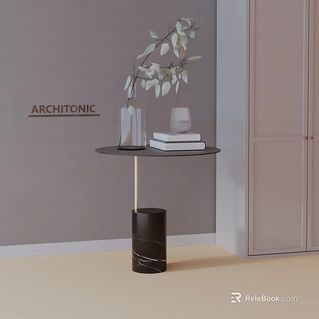 Modern Black Side Table With Round Top Cylindrical Marble Base Clear Vase And Stacked Books 3d model 