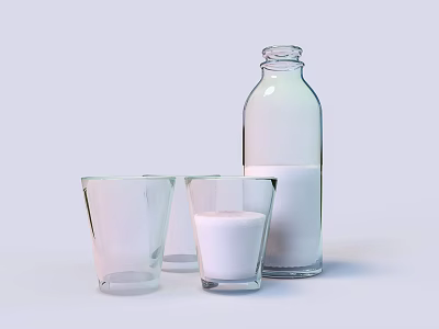 Fresh Milk Beverage in Glass Bottle with Clear Glass Cups on Clean Background 3d model