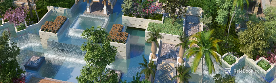 Tropical Garden Landscape With Water Pool Stone Planters And Colorful Flowers 3d model 