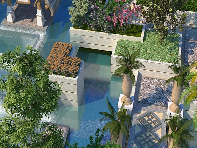Tropical Garden Landscape With Water Pool Stone Planters And Colorful Flowers 3d model