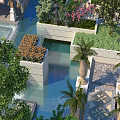 Tropical Garden Landscape With Water Pool Stone Planters And Colorful Flowers