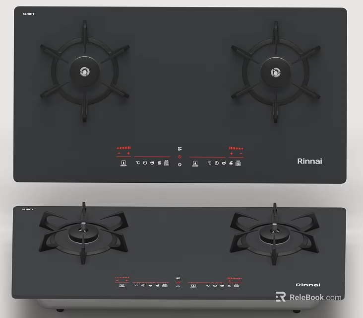 Modern Black Glass Gas Stoves With Double Burners And Control Knobs For Household Appliances 3d model 