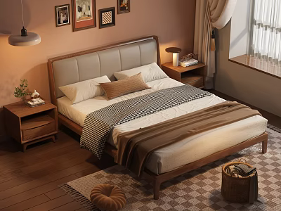Double Bed With Upholstered Headboard Wooden Frame And Modern Bedroom Decor 3d model