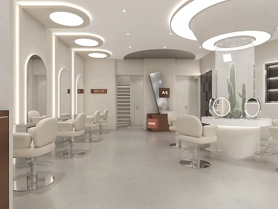 Modern Hair Salon Interior With White Styling Chairs Round Lights And Mirrors 3d model