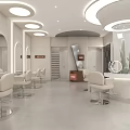 Modern Hair Salon Interior With White Styling Chairs Round Lights And Mirrors