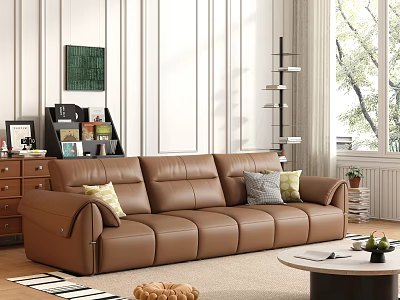 Brown Leather Sectional Sofa In Modern Living Room With Accent Pillows 3d model