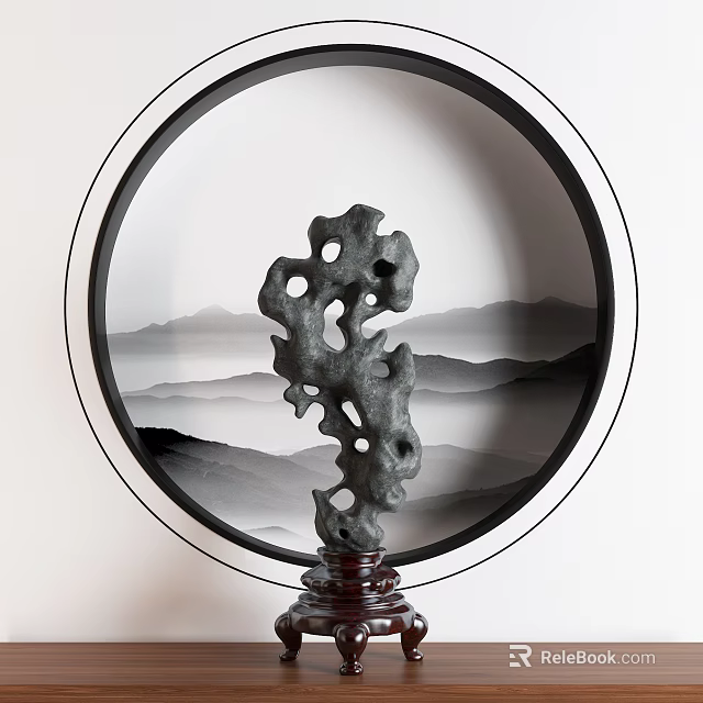 Decorative Stone Ornament Set with Circular Frame Mountain Landscape and Red Base 3d model