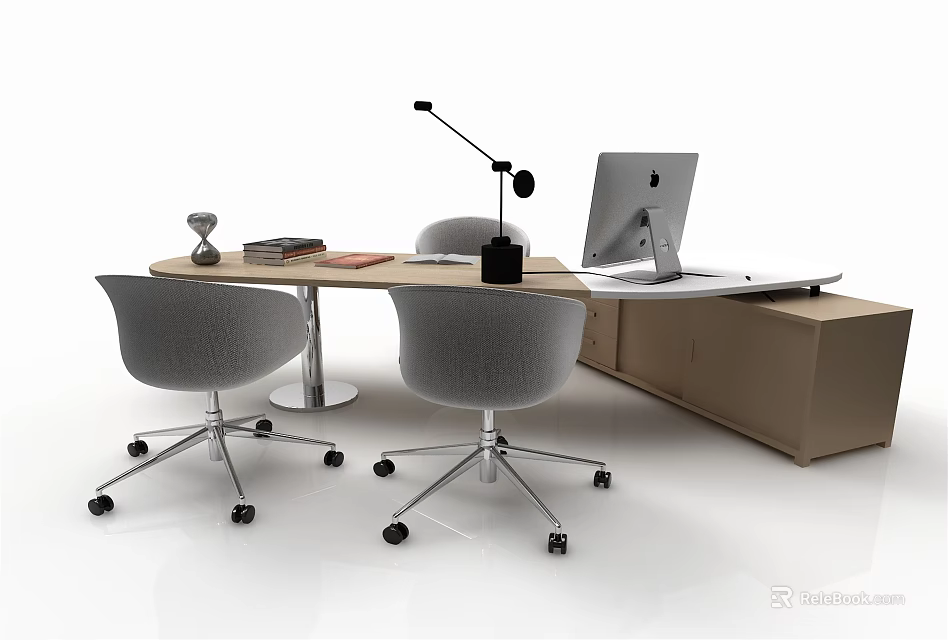 Modern Office Desk With Laptop Desk Lamp Books And Two Gray Rolling Chairs 3d model 