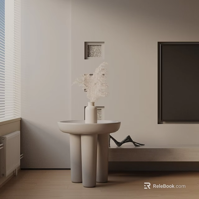 White Side Table By Window With White Vase Flowers Black Sculpture And Framed 3d model 