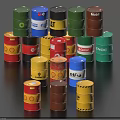 Industrial Equipment Oil Drums Stacked With Various Colors And Different Brands