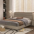 Double Bed with Beige Headboard Gray Comforter Brown Blanket Nightstand Lamp Wooden Floor and Rug