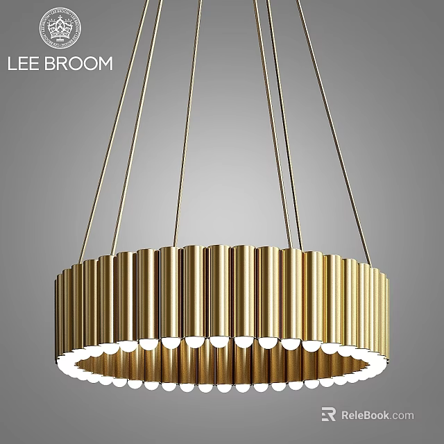 Modern Gold Circular Chandelier with Striped Metal Frame and Hanging Bulbs 3d model 