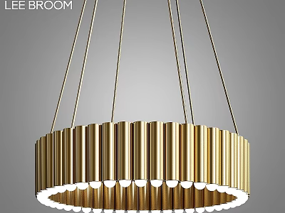 Modern Gold Circular Chandelier with Striped Metal Frame and Hanging Bulbs 3d model