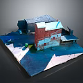 Small Building Model With Red And Blue Painted Walls Roof And Window Details