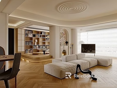 Modern Living Room Interior Design With Beige Sofa Wooden Floor Bookshelf Fireplace And Large Window 3d model 