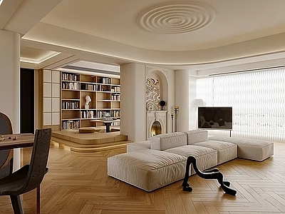 Modern Living Room Interior Design With Beige Sofa Wooden Floor Bookshelf Fireplace And Large Window 3d model