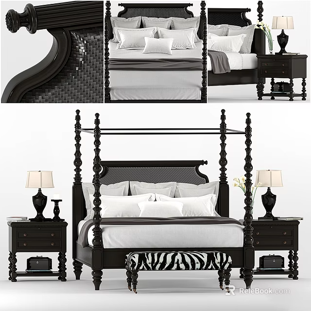 Black Four Poster Double Bed with White Bedding Nightstands and Zebra Print Ottoman 3d model 