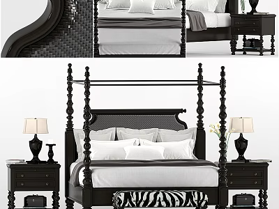 Black Four Poster Double Bed with White Bedding Nightstands and Zebra Print Ottoman 3d model