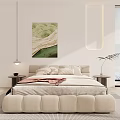 Modern Upholstered Double Bed With Pink Blanket Plush Pillows Bedside Tables And Wall Art