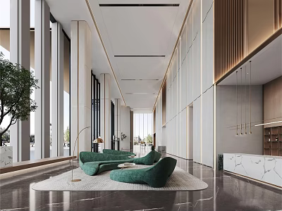 Elegant Modern Front Desk Reception Interior With Marble Counter Green Sofa And Large Windows 3d model