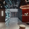 Modern Hotel Lobby Interior With Unique Ceiling Design Red Accent Wall And Sleek Flooring