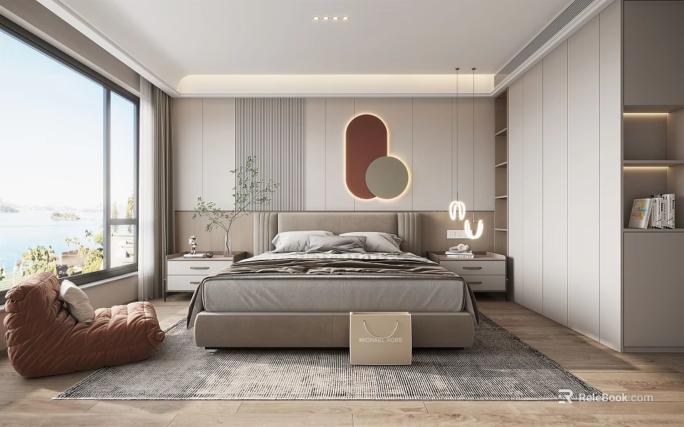 Modern Bedroom Interior Design With Sea View Comfortable Bed Circular Decor And Soft Lighting 3d model