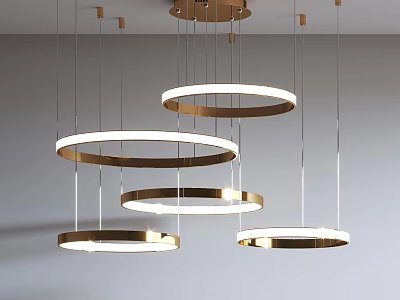 Modern Circular Chandeliers With Golden Frames And Illuminated Rings In Stylish Hanging Design For Interior 3d model
